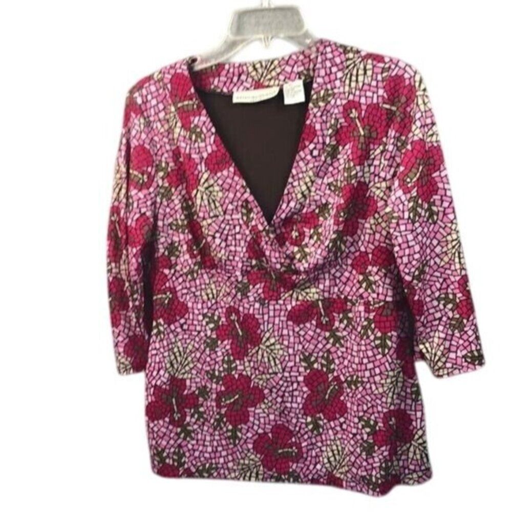 Requirements‎ Petite Mosaic Hibiscus Floral Faux Wrap V-Neck Blouse Pink Red LP